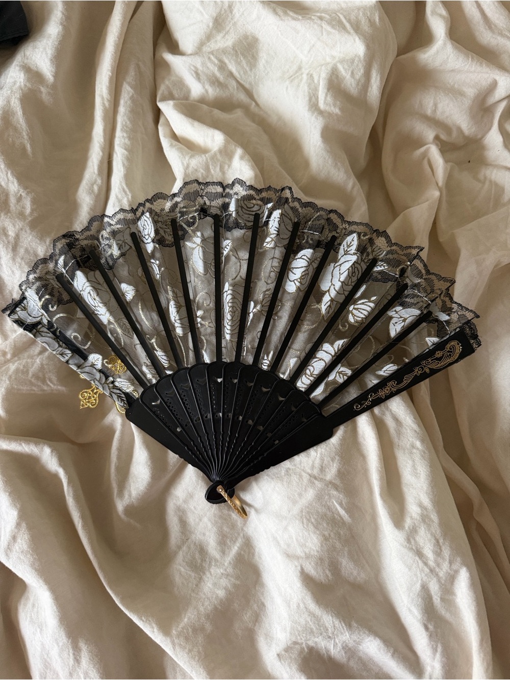 Black Lace Hand Fan with Gold Accent - Picture 2 of 5